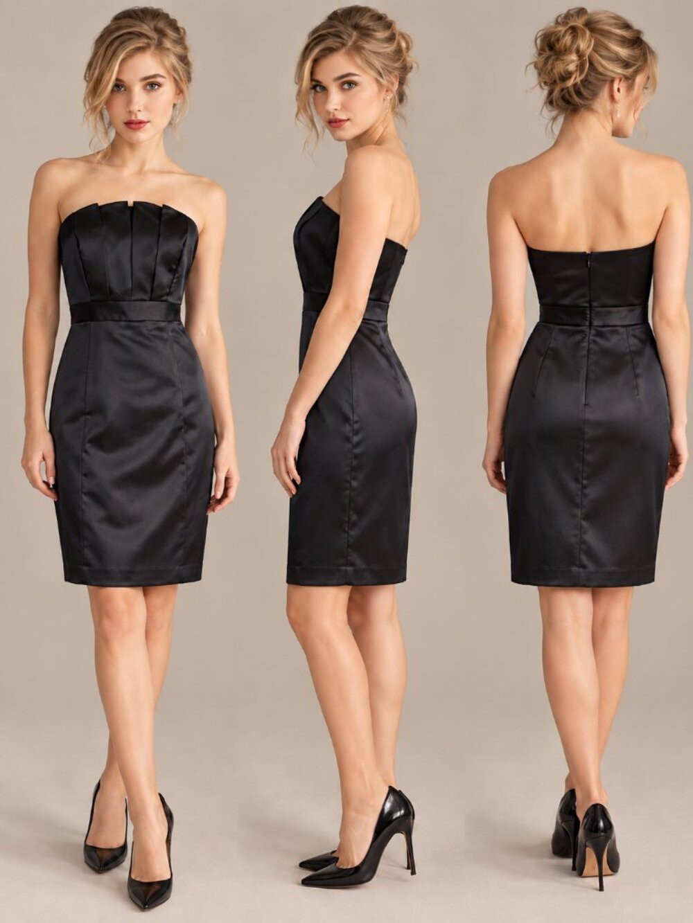 The Limited Black Satin Strapless Clamshell Neckline Cocktail Midi Dress Size 8